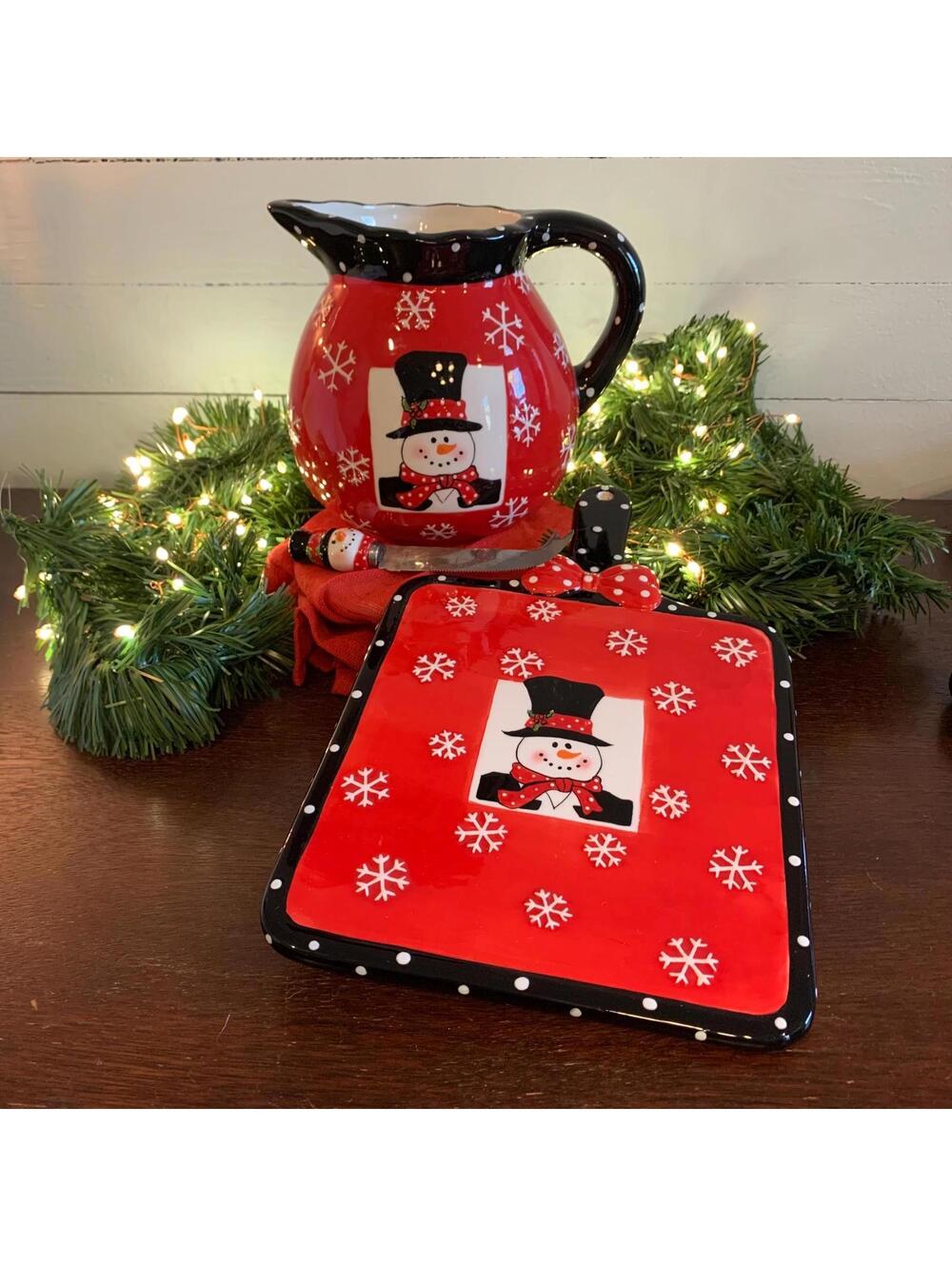 Ceramic Snowman Pitcher and Charcuterie Board with Cheese Knife